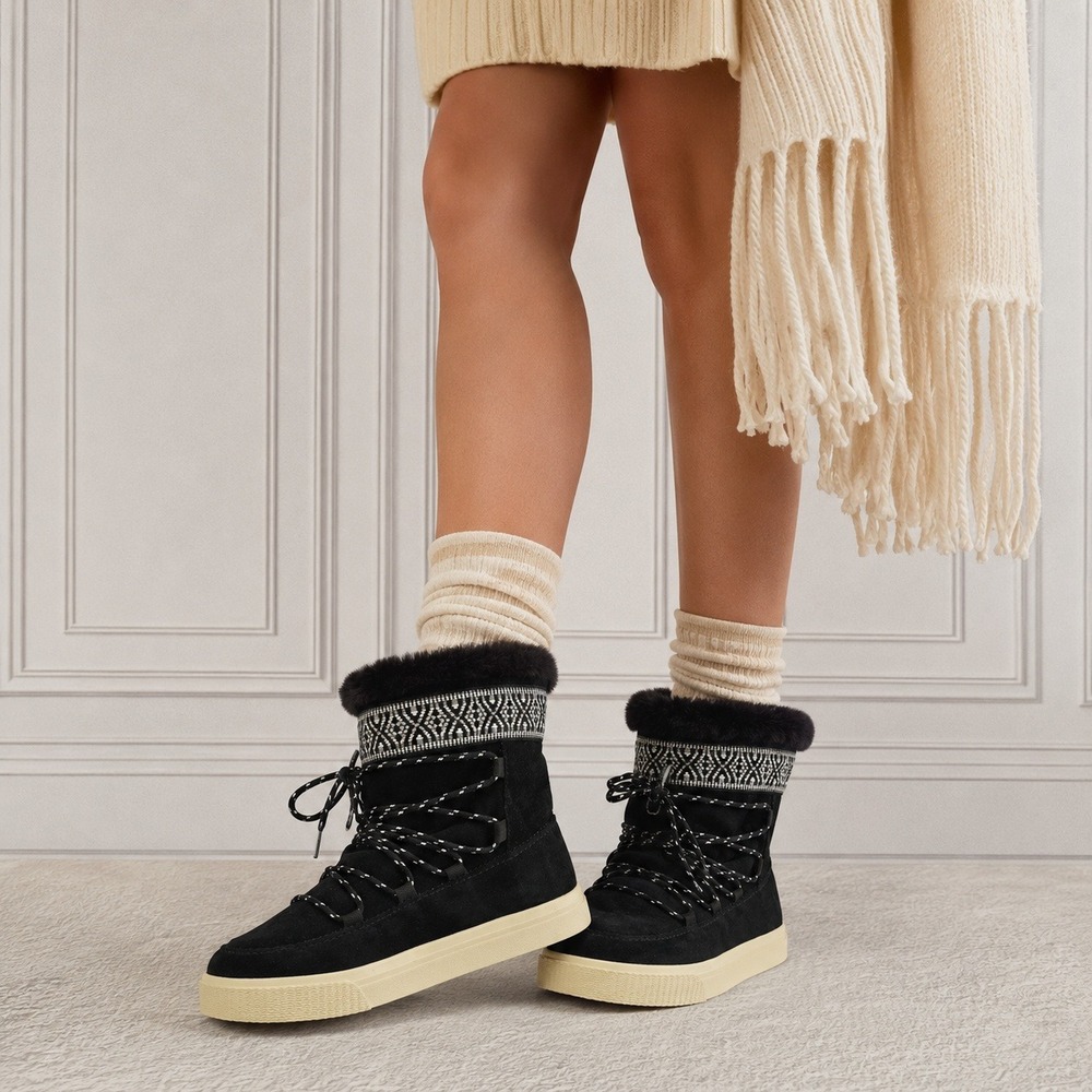 TOMS Alpine Black Suede Faux Fur Trim Lace Up Winter‎ Boots Womens 9 10010903